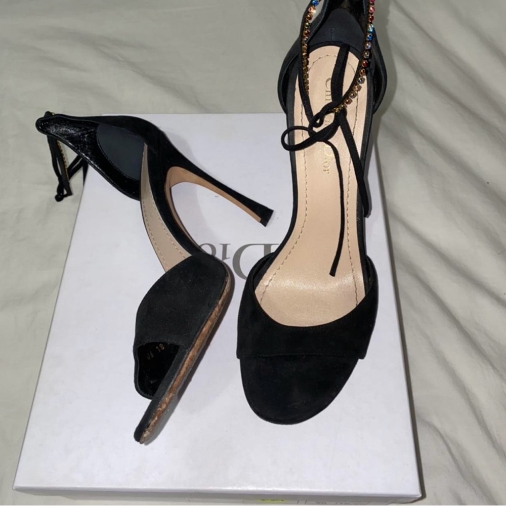 DIOR BLACK SUEDE HEELS W COLORFUL STRAP includes BOX, EXTRA HEEL TAPS, DUST BAG